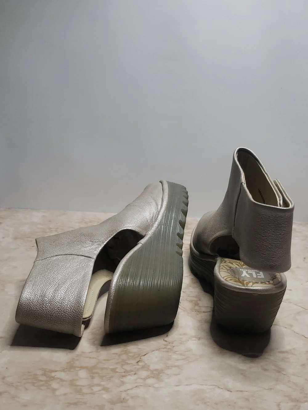 Fly London Comfort Wedge Sandals in Metallic Pearl